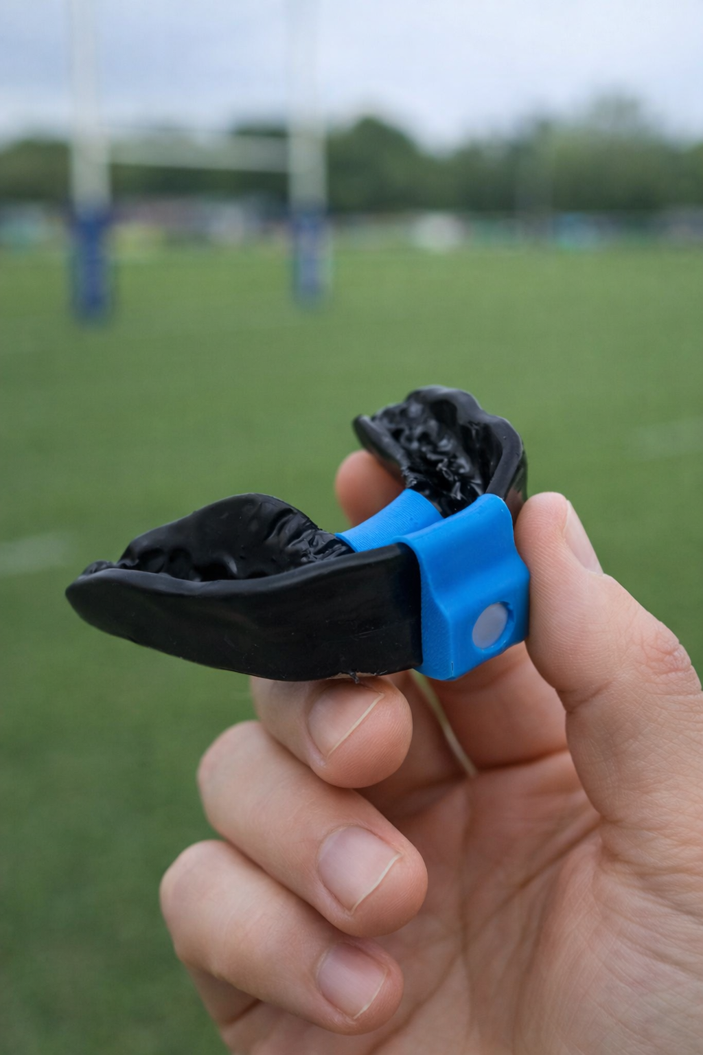 GumGauge Impact Indicator attached to a mouthguard, held on a rugby pitch